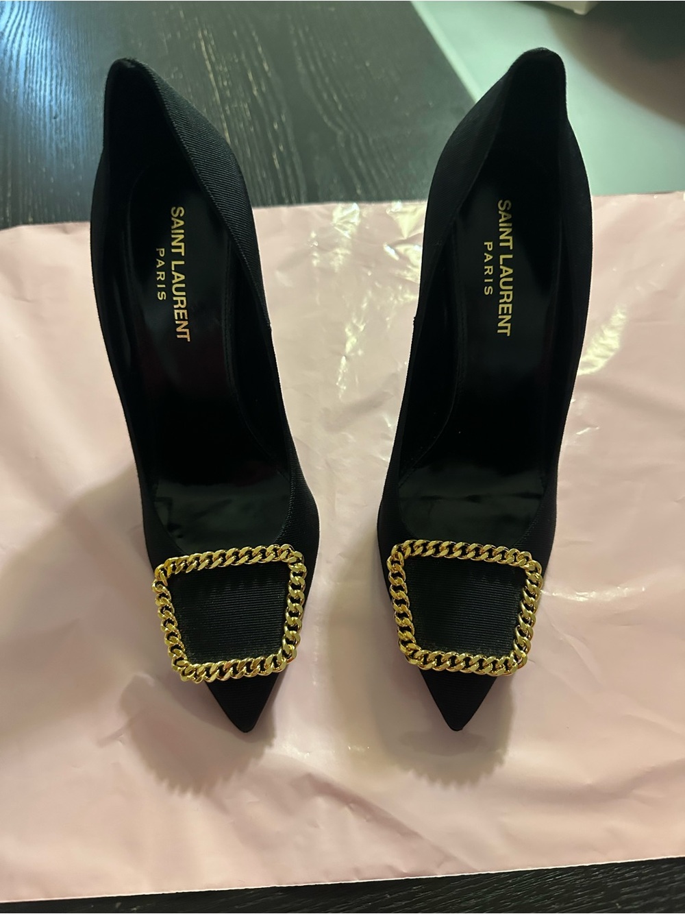 Saint Laurent Black Pointed Pumps with Gold Chain Square Buckle